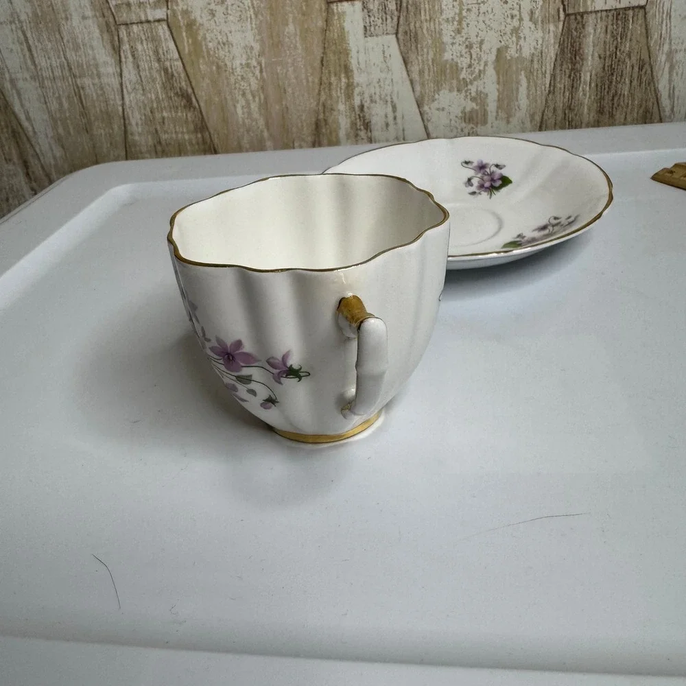 Royal Victoria Fine Bone China Tea Cup and Saucer Set Violets Gold Trim England